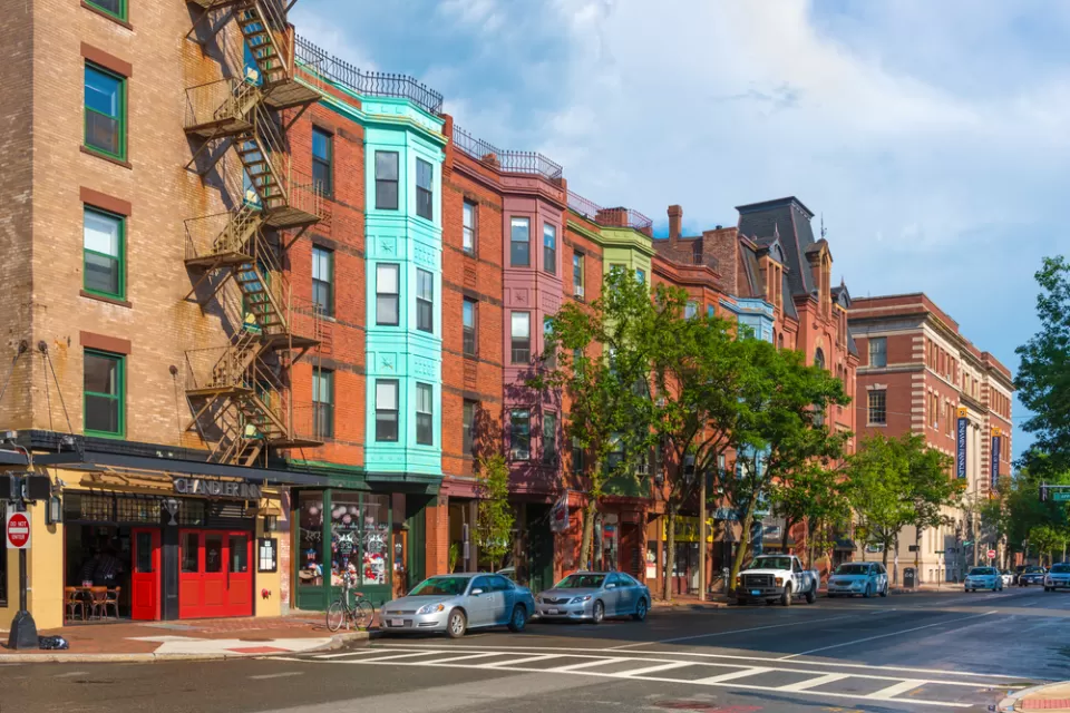 Boston street with four-story bricks buildings